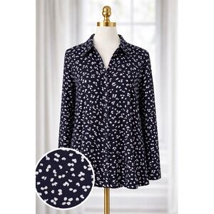 Susan Graver Liquid Knit Navy White Stretch Peplum Button Up Big Shirt Size XS